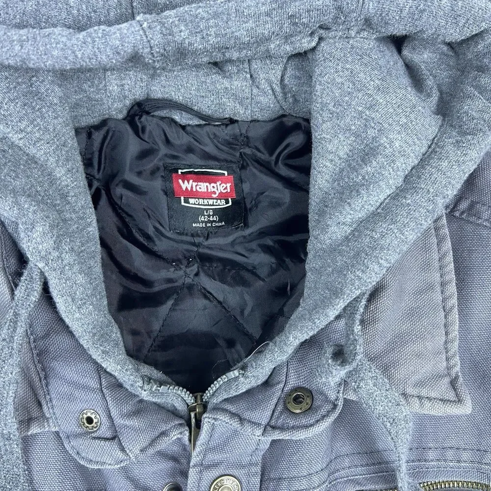 Wrangler Workwear Men's Jacket Hooded Light Grey Chore Coat Canvas Sz L (42-44)